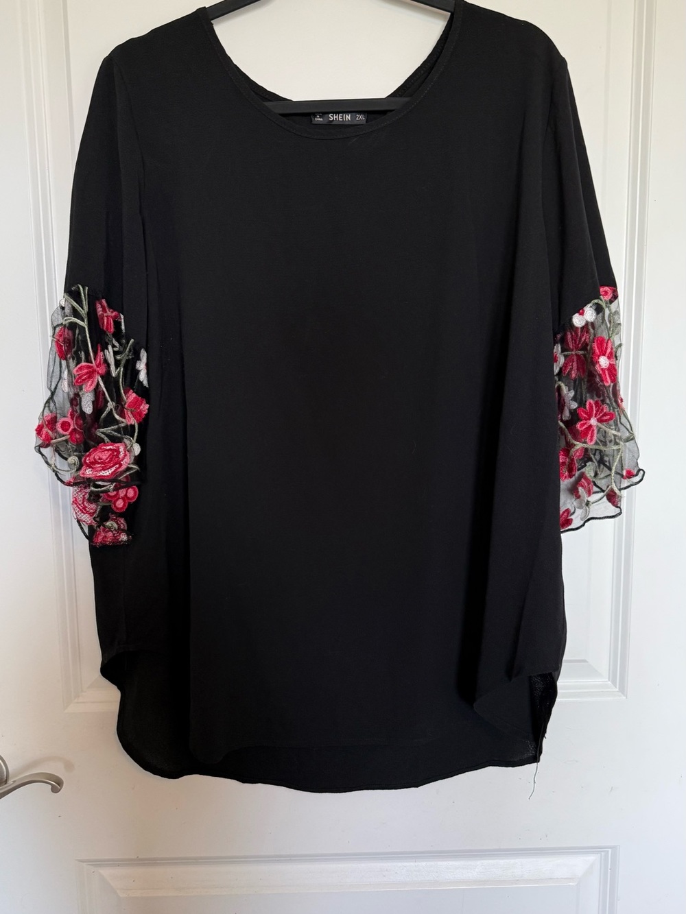 SHEIN Black Blouse with Red & Pink Floral Embroidery